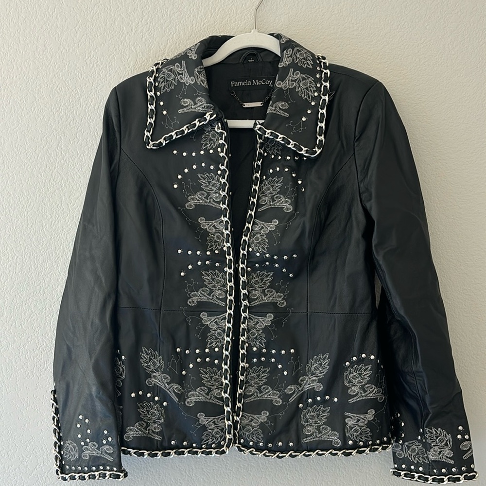 Pamela McCoy Black Leather Jacket with Silver Accents